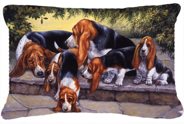 Basset Hound Puppies, Momma & Daddy Fabric Decorative Pillow