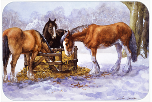 Horses Eating Hay in the Snow Glass Large Cutting Board