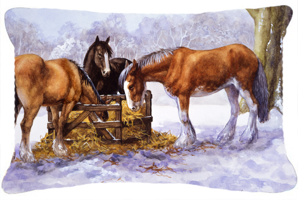 Horses Eating Hay in the Snow Fabric Decorative Pillow