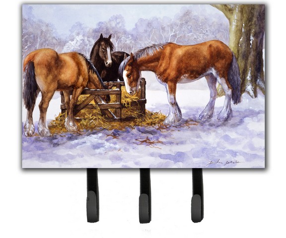 Horses Eating Hay in the Snow Leash or Key Holder