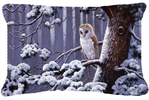 Owl on a Tree Branch in the Snow Fabric Decorative Pillow