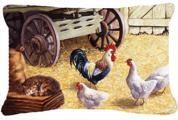 Rooster & Hens Chickens in the Barn Fabric Decorative Pillow