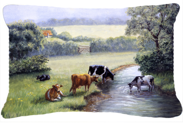 Cows Drinking at the Creek Bank Fabric Decorative Pillow