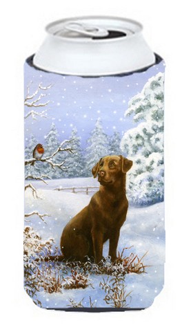 Chocolate Labrador Snowy Robin Tall Boy Can cooler Hugger