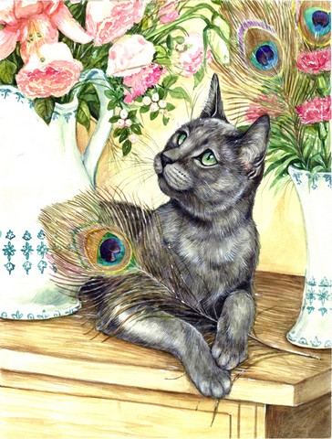 Cat & Peacock Feathers Flag Garden Size