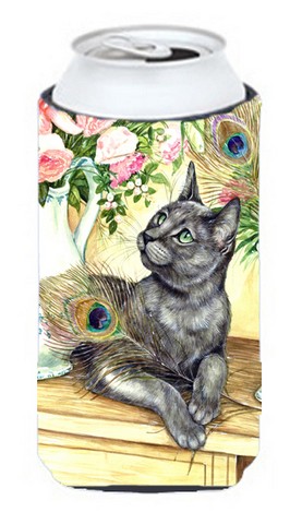Cat & Peacock Feathers Tall Boy Can cooler Hugger