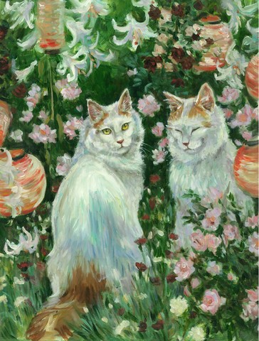 Cats in Garden by Debbie Cook Flag Canvas House Size