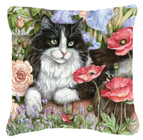 Black & White Cat in Poppies Canvas Decorative Pillow