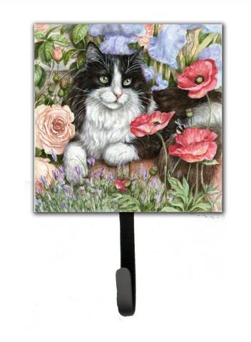 Black & White Cat in Poppies Leash or Key Holder
