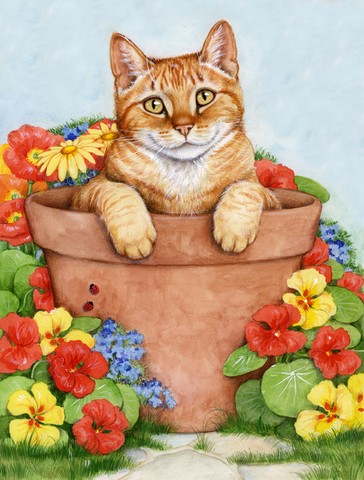Ginger Cat in Pot Flag Canvas House Size