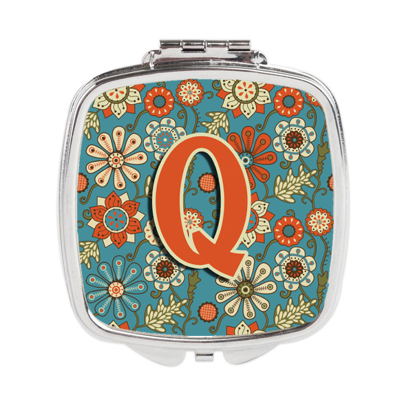 CJ2012-QSCM Letter Q Flowers Retro Blue Compact Mirror