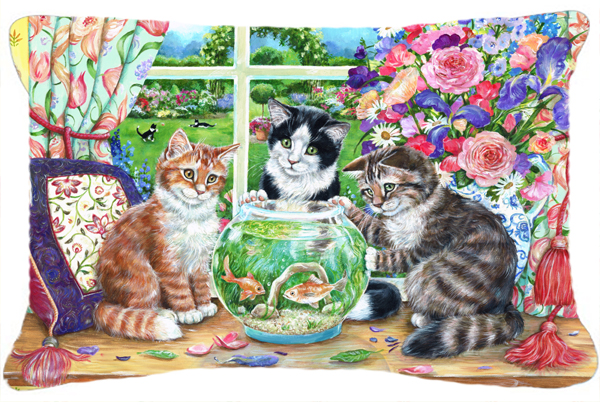 Cats Just Looking in the Fish Bowl Fabric Decorative Pillow