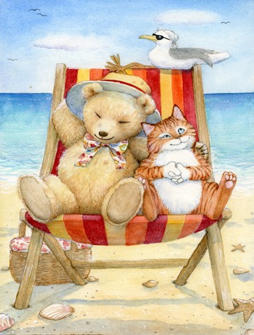 CDCO0336GF Summer Teddy Bear & Cat on Beach Flag Size