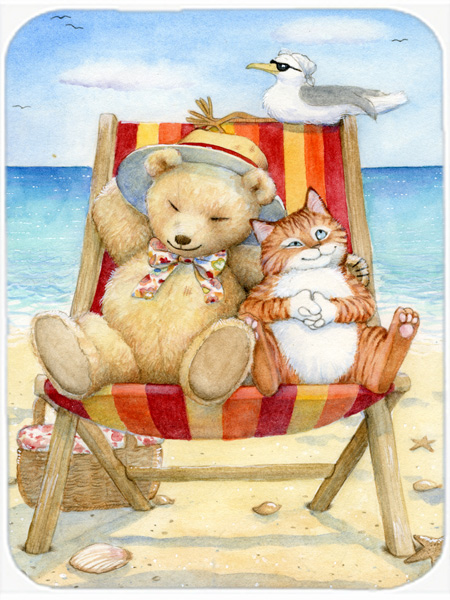 Summer Teddy Bear & Cat on Beach Glass Large Cutting Board