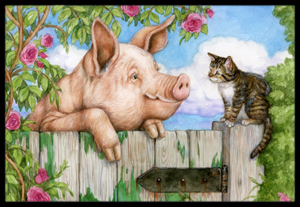 Pig at the Gate with the Cat Indoor or Outdoor Mat