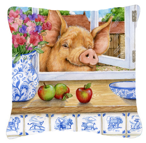 Pig Trying to Reach the Apple in the Window Canvas Decorative Pillow