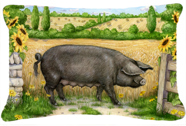 Black Pig with Sunflowers Fabric Decorative Pillow