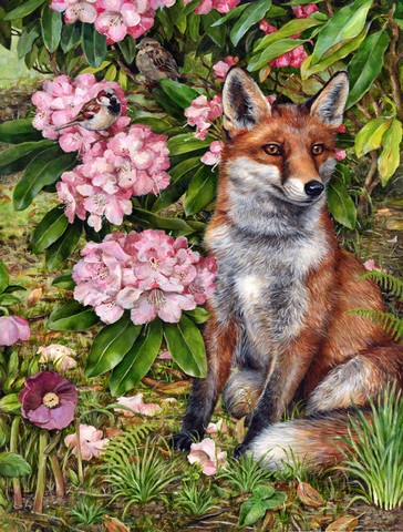 Fox Waiting in Flowers Flag Garden Size