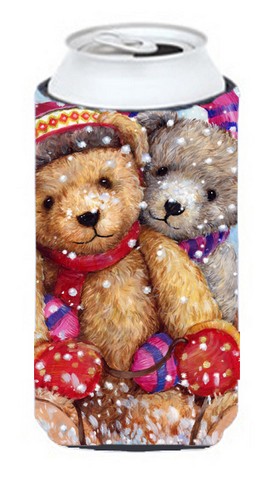 Winter Snow Teddy Bears Tall Boy Can cooler Hugger