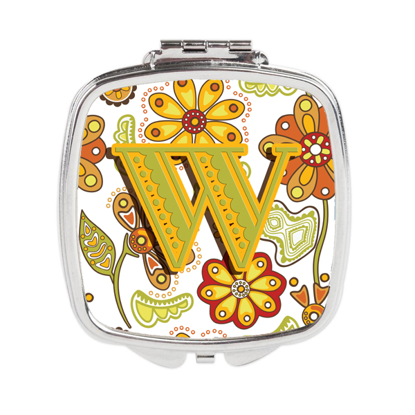 CJ2003-WSCM Letter W Floral Mustard & Green Compact Mirror