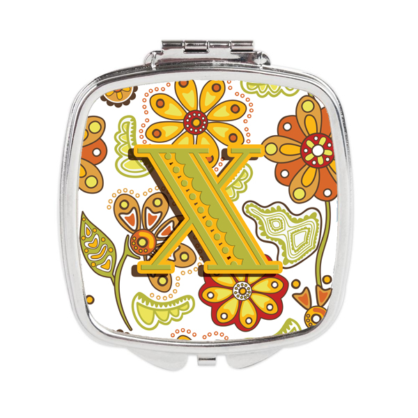 CJ2003-XSCM Letter x Floral Mustard & Green Compact Mirror