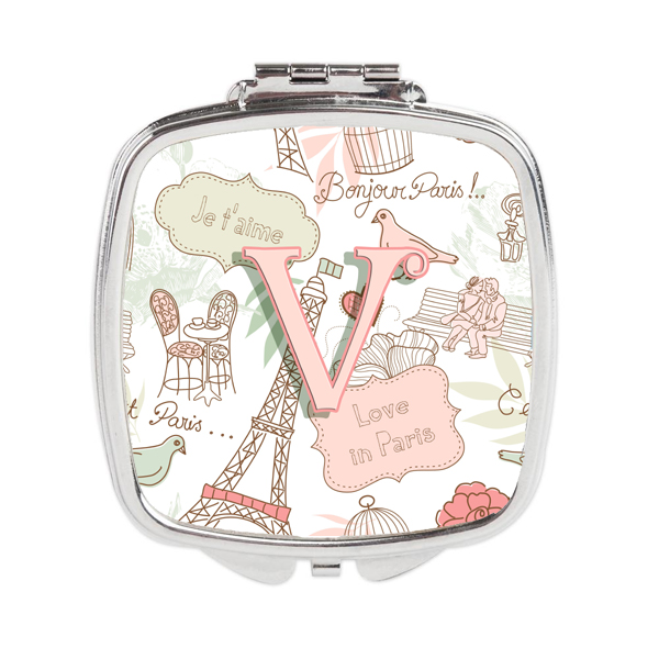 Letter V Love in Paris Pink Compact Mirror