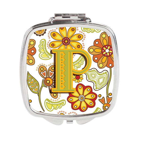 Letter P Floral Mustard & Green Compact Mirror