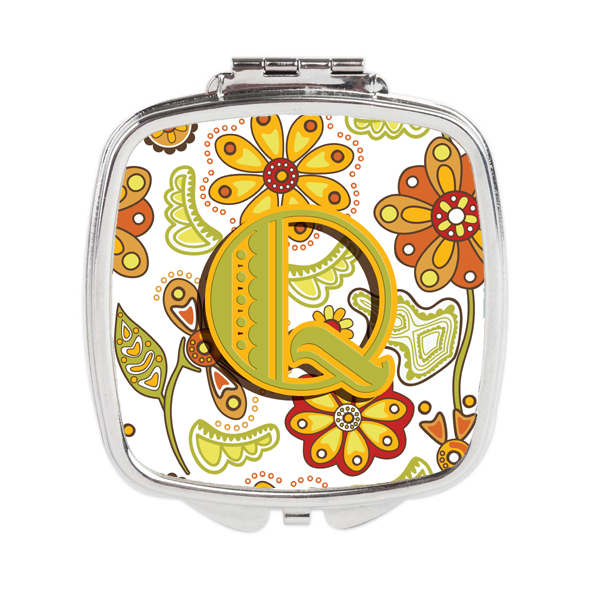 Letter Q Floral Mustard & Green Compact Mirror