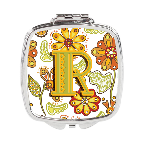 Letter R Floral Mustard & Green Compact Mirror