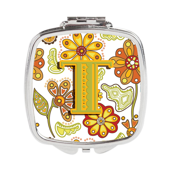 CJ2003-TSCM Letter T Floral Mustard & Green Compact Mirror