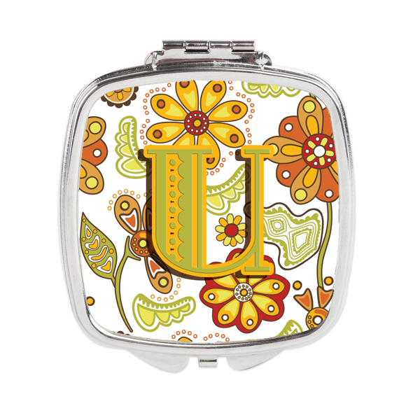 CJ2003-USCM Letter U Floral Mustard & Green Compact Mirror
