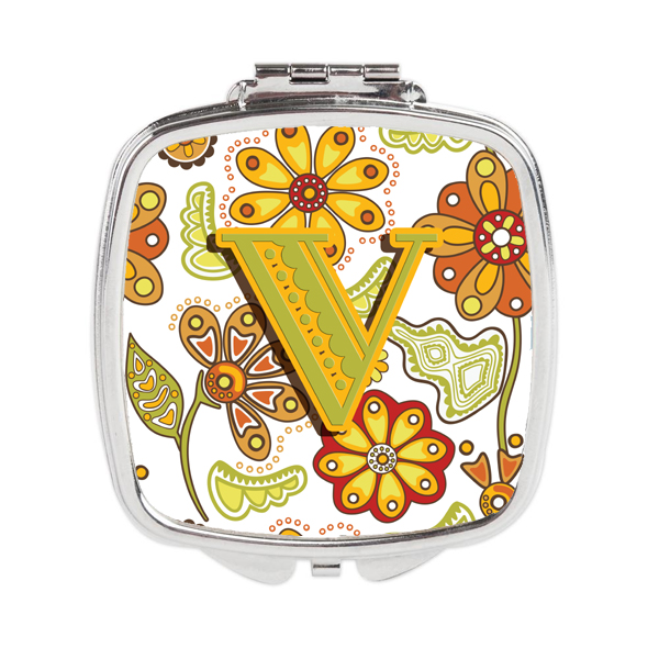 CJ2003-VSCM Letter V Floral Mustard & Green Compact Mirror