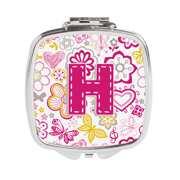 Letter H Flowers & Butterflies Pink Compact Mirror