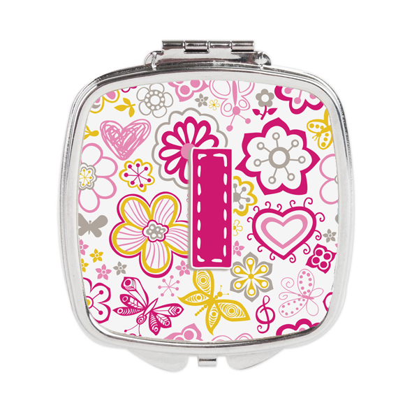 CJ2005-ISCM Letter I Flowers & Butterflies Pink Compact Mirror