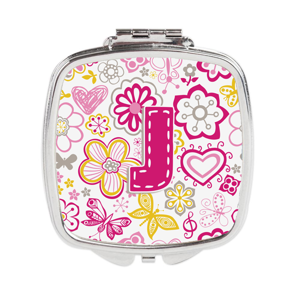 CJ2005-JSCM Letter J Flowers & Butterflies Pink Compact Mirror
