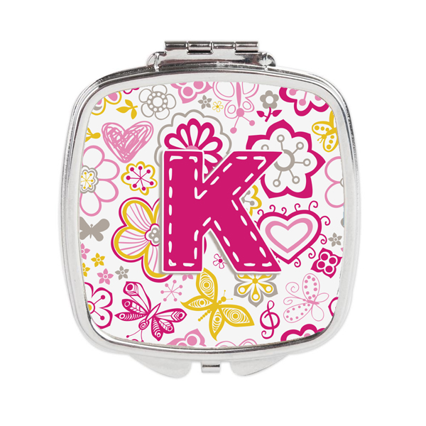 CJ2005-KSCM Letter K Flowers & Butterflies Pink Compact Mirror