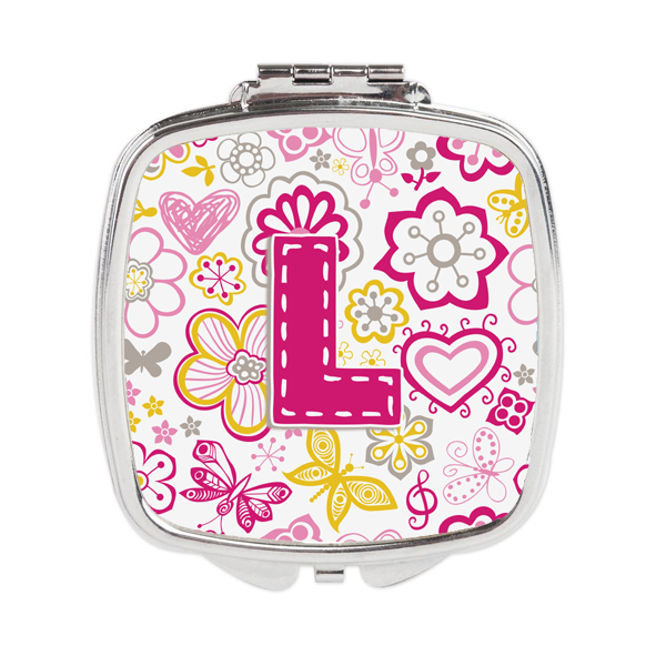 Letter L Flowers & Butterflies Pink Compact Mirror