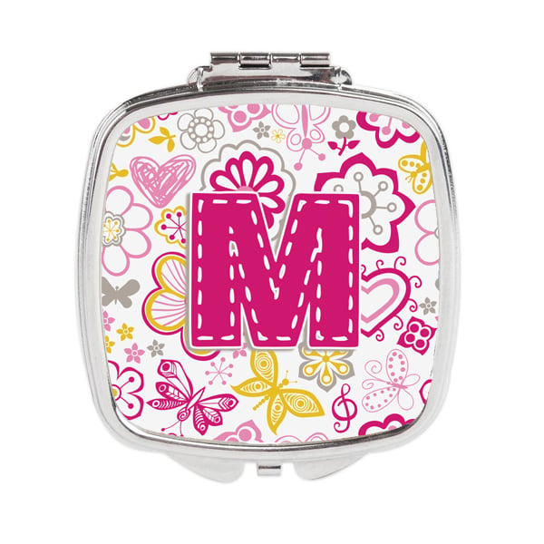 CJ2005-MSCM Letter M Flowers & Butterflies Pink Compact Mirror