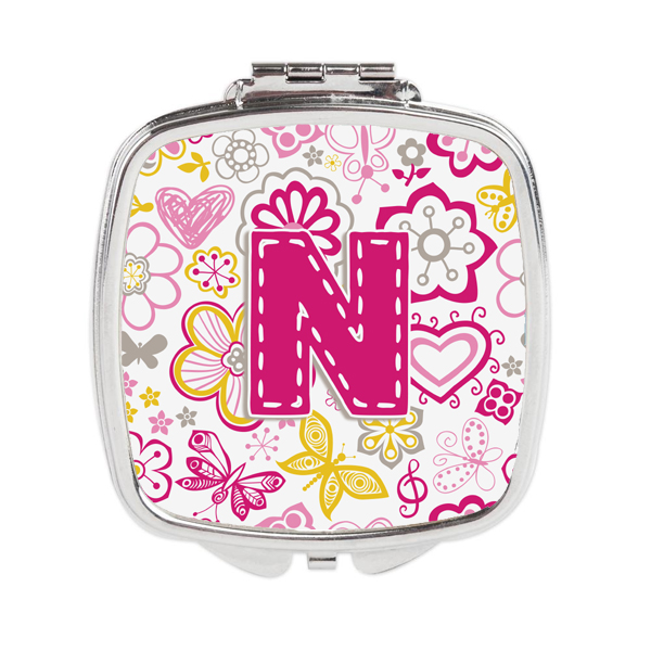 CJ2005-NSCM Letter N Flowers & Butterflies Pink Compact Mirror