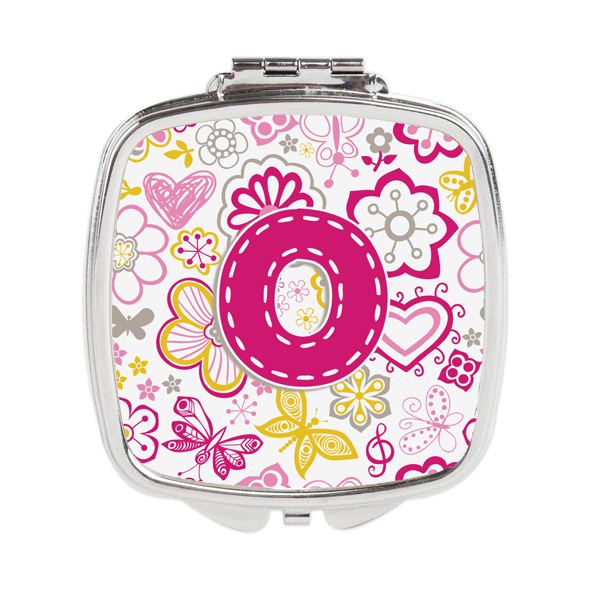 CJ2005-OSCM Letter O Flowers & Butterflies Pink Compact Mirror