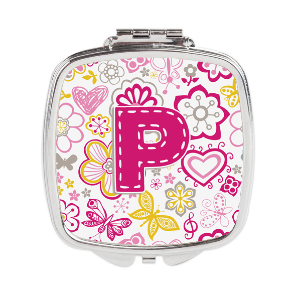 Letter P Flowers & Butterflies Pink Compact Mirror