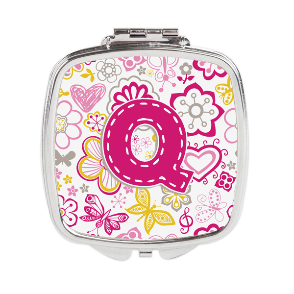 Letter Q Flowers & Butterflies Pink Compact Mirror - Pink