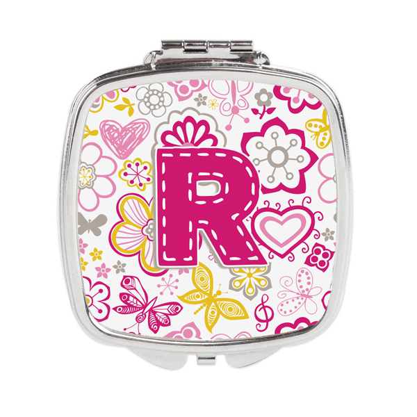 CJ2005-RSCM Letter R Flowers & Butterflies Pink Compact Mirror