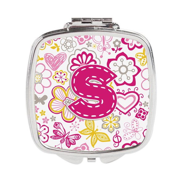 Letter S Flowers & Butterflies Pink Compact Mirror
