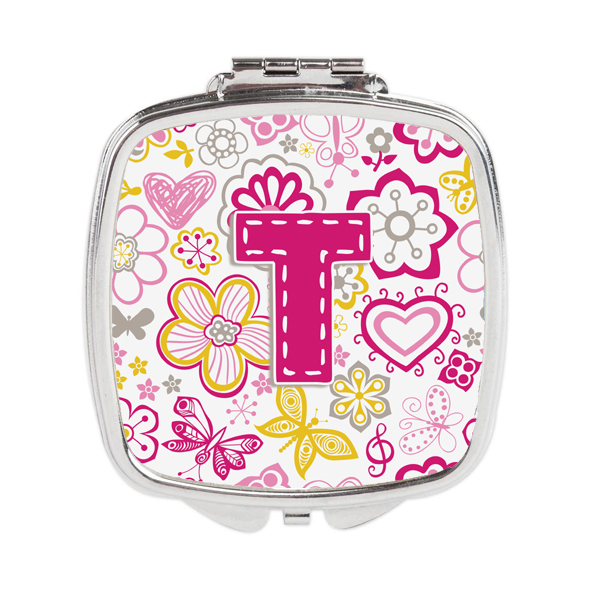 Letter T Flowers & Butterflies Pink Compact Mirror
