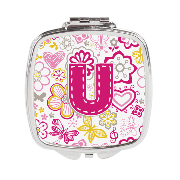 Letter U Flowers & Butterflies Pink Compact Mirror
