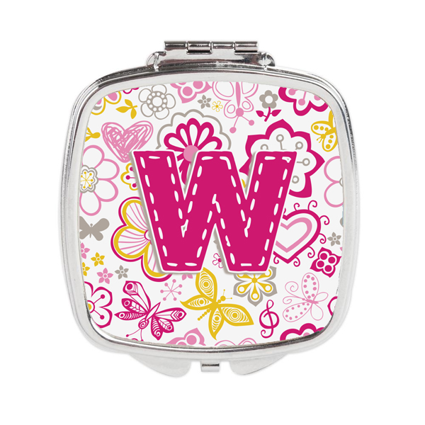 CJ2005-WSCM Letter W Flowers & Butterflies Pink Compact Mirror