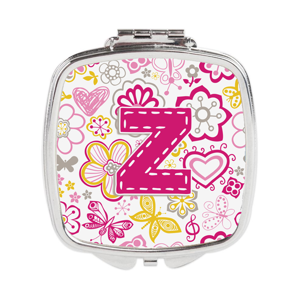 CJ2005-ZSCM Letter Z Flowers & Butterflies Pink Compact Mirror