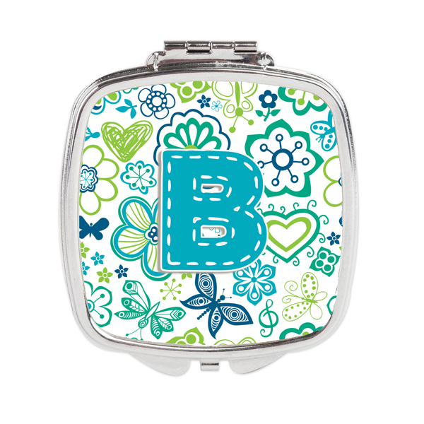 CJ2006-BSCM Letter B Flowers & Butterflies Teal Blue Compact Mirror