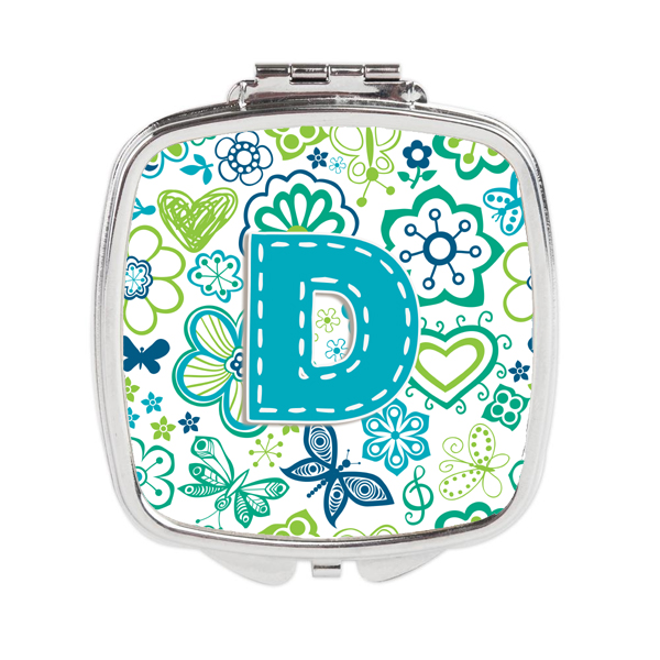 Letter D Flowers & Butterflies Teal Blue Compact Mirror